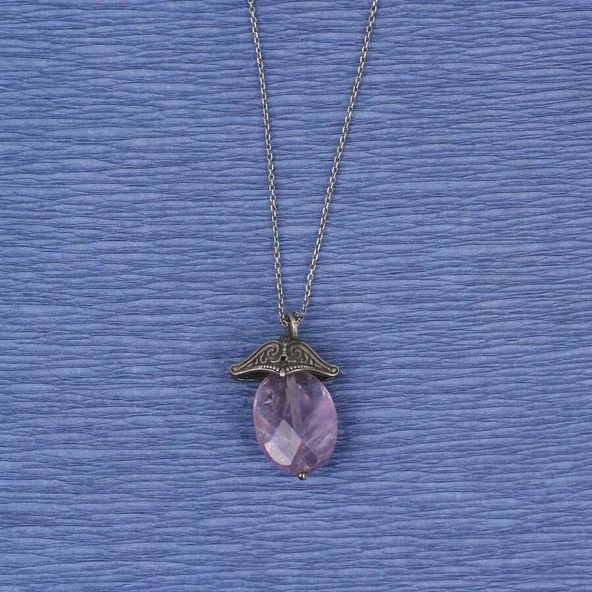 925 Ayar Gümüş Fasetli Ametist Kolye - Resim 2