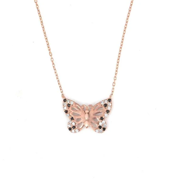 925 Ayar Gümüş Siyah Beyaz Taşlı Kelebek Kolye - Resim 3