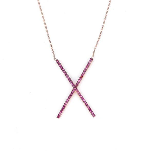 925 Ayar Gümüş Kırmızı Taşlı Büyük X Model Kolye - Resim 2
