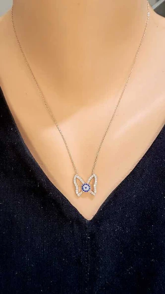 925 Ayar Gümüş Nazar Boncuklu Kelebek Kolye ürün görseli 1