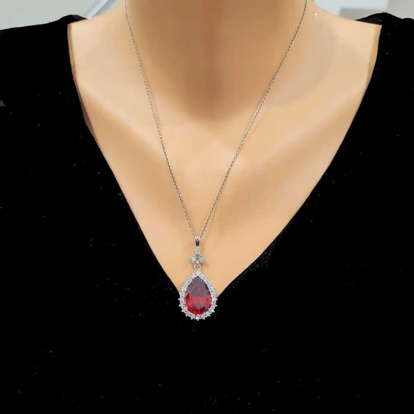 925 Ayar Gümüş Damla Garnet Taşlı Anturaj Kolye ürün görseli