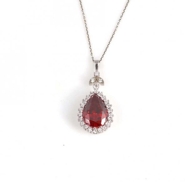 925 Ayar Gümüş Damla Garnet Taşlı Anturaj Kolye