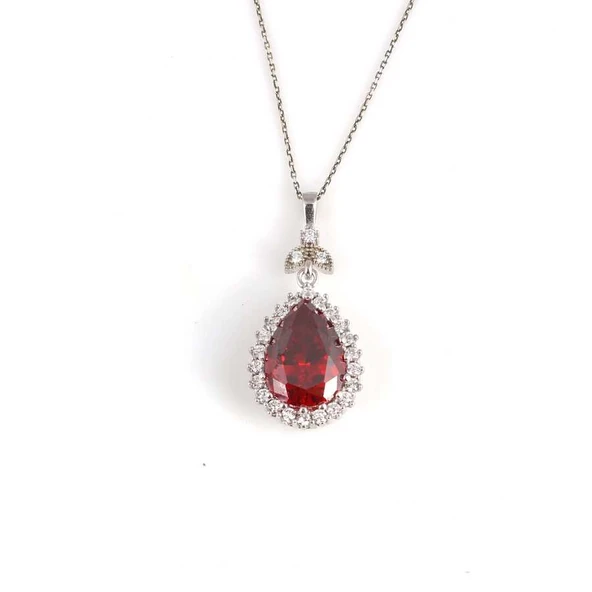 925 Ayar Gümüş Damla Garnet Taşlı Anturaj Kolye - Resim 2