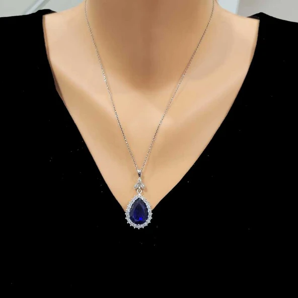 925 Ayar Gümüş Damla Safir Taşlı Anturaj Kolye ürün görseli