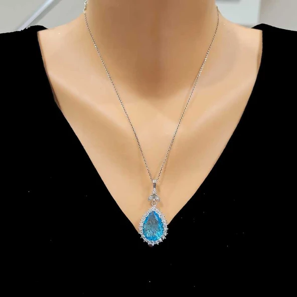 925 Ayar Gümüş Damla Akuamarin Taşlı Anturaj Kolye ürün görseli 1