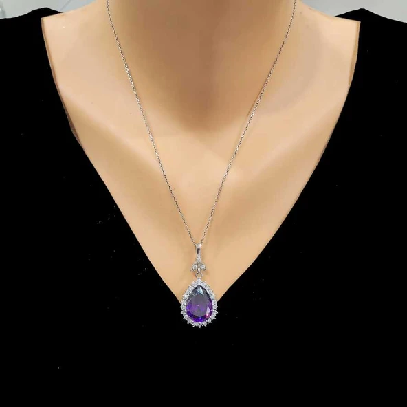 925 Ayar Gümüş Damla Ametist Taşlı Anturaj Kolye ürün görseli 1
