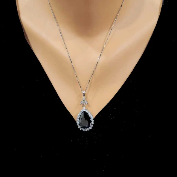 925 Ayar Gümüş Damla Oniks Taşlı Anturaj Kolye ürün görseli 1