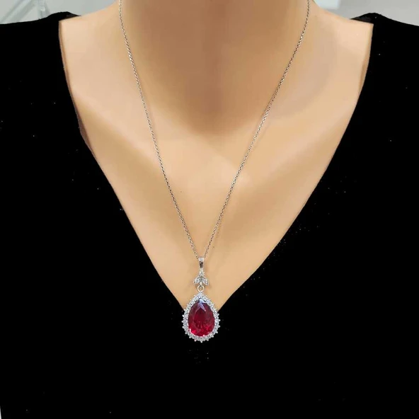 925 Ayar Gümüş Damla Yakut Taşlı Anturaj Kolye ürün görseli 1