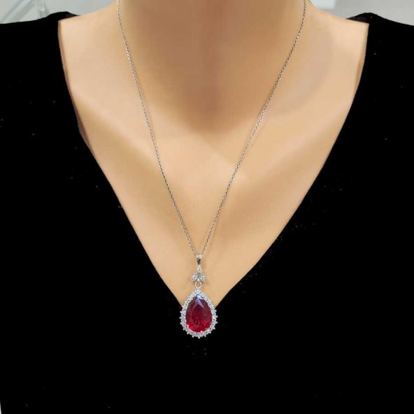 925 Ayar Gümüş Damla Yakut Taşlı Anturaj Kolye