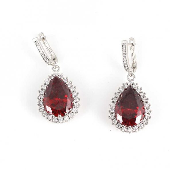 925 Ayar Gümüş Damla Garnet Taşlı Anturaj Küpe