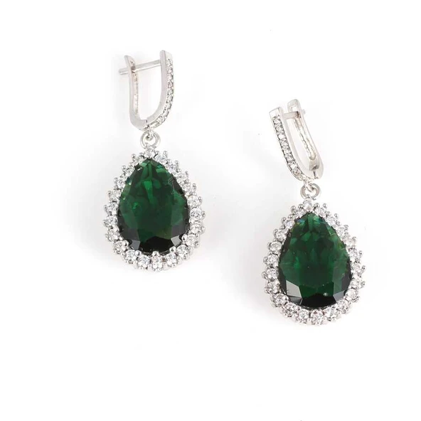 925 Ayar Gümüş Damla Zümrüt Taşlı Anturaj Küpe ürün görseli 1