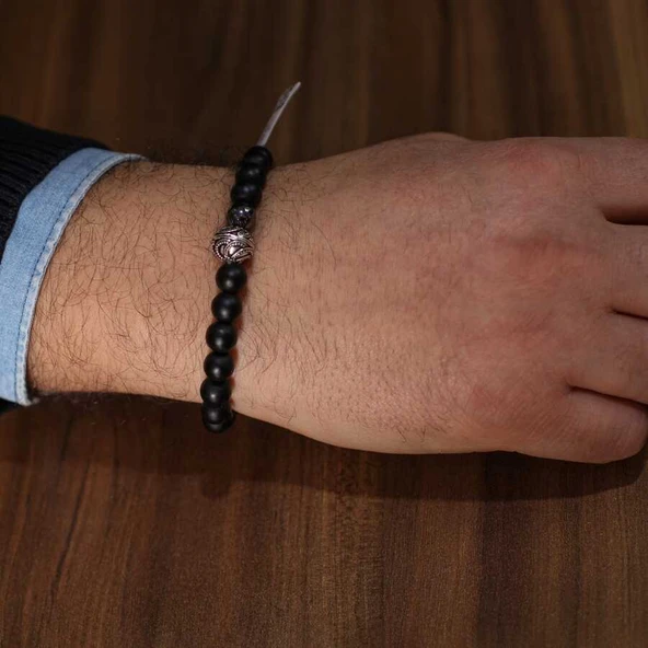 925 Ayar Gümüş Boncuklu Lav Taşı Bileklik - Resim 2