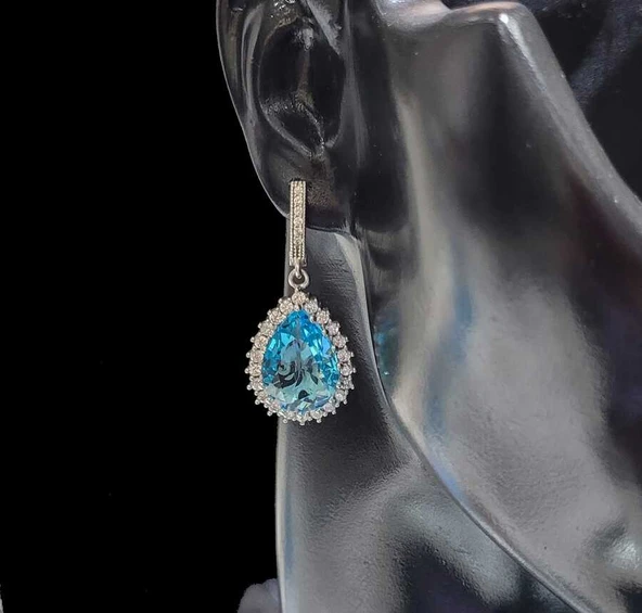 925 Ayar Gümüş Damla Akuamarin Anturaj Küpe - Resim 2