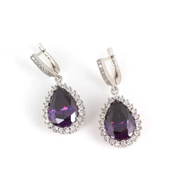 925 Ayar Gümüş Damla Ametist Taşlı Anturaj Küpe ürün görseli