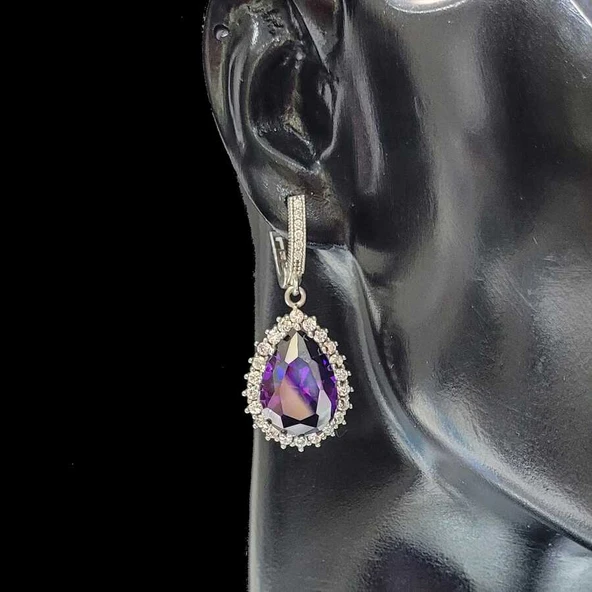 925 Ayar Gümüş Damla Ametist Taşlı Anturaj Küpe - Resim 2