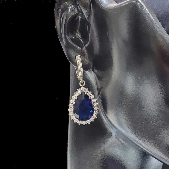 925 Ayar Gümüş Damla Safir Taşlı Anturaj Küpe - Resim 2