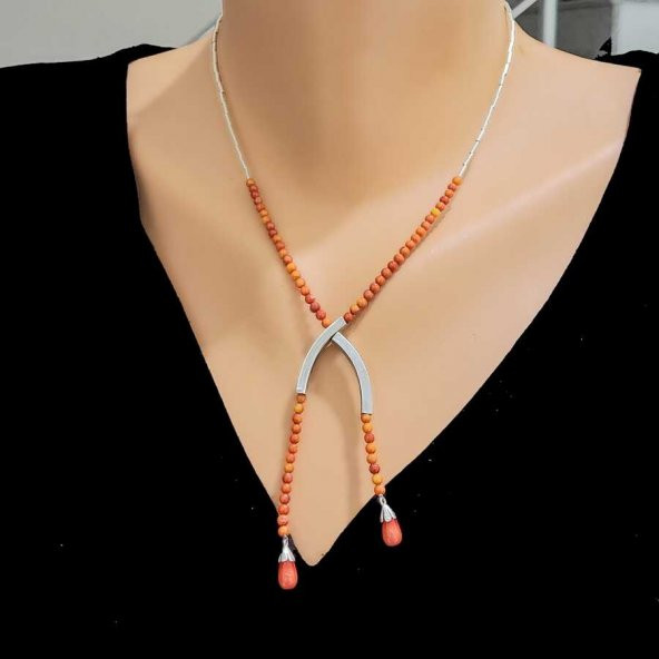 925 Ayar Gümüş Şarnelli Mercan Toplu Kolye