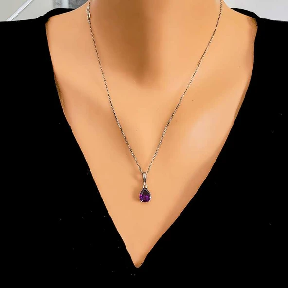 925 Ayar Gümüş Damla Ametist Taşlı Kolye ürün görseli 1
