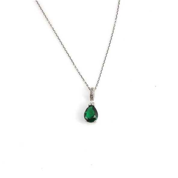 925 Ayar Gümüş Damla Sentetik Zümrüt Taşlı Kolye - Resim 3