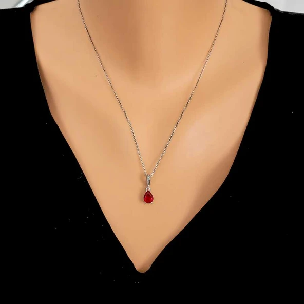 925 Ayar Gümüş Damla Sentetik Yakut Taşlı Kolye ürün görseli 1