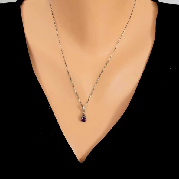 925 Ayar Gümüş Küçük Damla Ametist Kolye ürün görseli 1