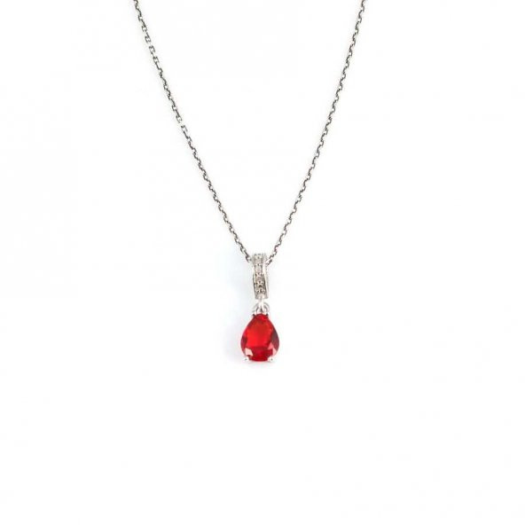 925 Ayar Gümüş Damla Sentetik Yakut Taşlı Kolye - 3