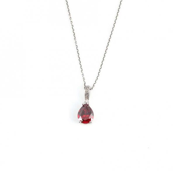 925 Ayar Gümüş Damla Büyük Boy Sentetik Yakut Taşlı Kolye - 2