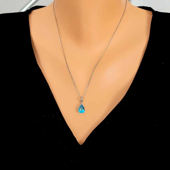 925 Ayar Gümüş Damla Akuamarin Taşlı Kolye ürün görseli 1