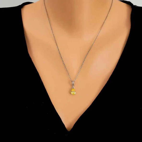 925 Ayar Gümüş Küçük Damla Sitrin Taşlı Kolye ürün görseli