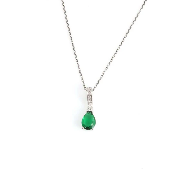 925 Ayar Gümüş Damla Küçük Boy Sentetik Zümrüt Kolye - Resim 3