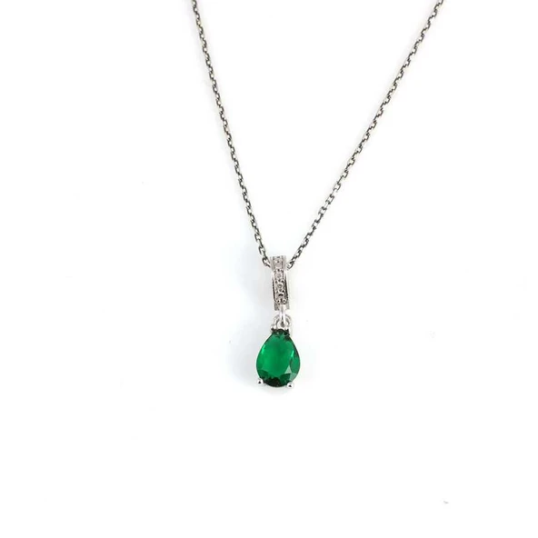 925 Ayar Gümüş Damla Küçük Boy Sentetik Zümrüt Kolye - Resim 2