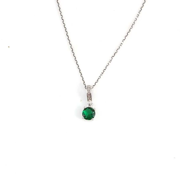 925 Ayar Gümüş Yuvarlak Küçük Boy Sentetik Zümrüt Taşlı Kolye - Resim 2