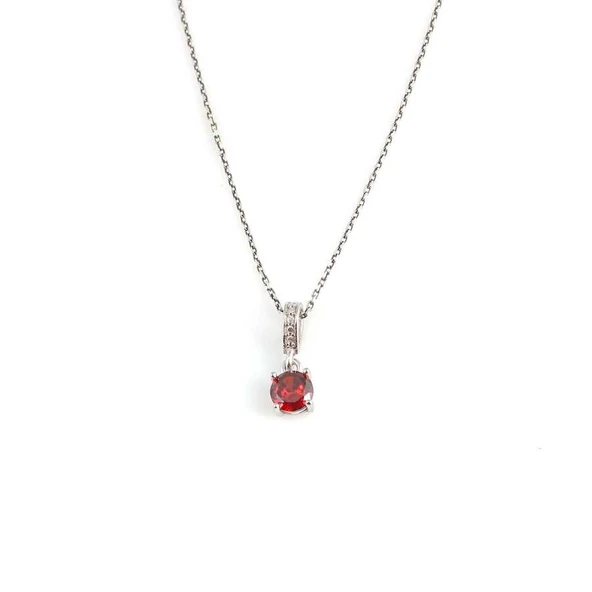 925 Ayar Gümüş Yuvarlak Küçük Boy Sentetik Yakut Taşlı Kolye - Resim 2