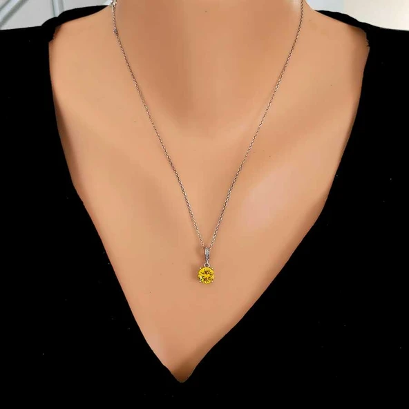 925 Ayar Gümüş Yuvarlak Büyük Boy Sarı Sitrin Taşlı Kolye ürün görseli 1