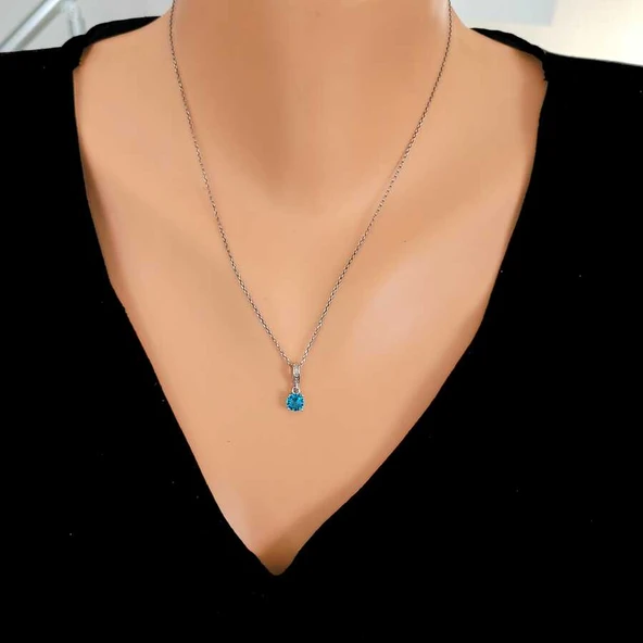 925 Ayar Gümüş Yuvarlak Küçük Boy Akuamarin Taşlı Kolye, ürün görseli 1