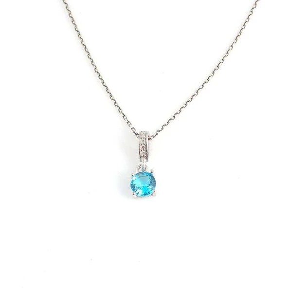 925 Ayar Gümüş Yuvarlak Küçük Boy Akuamarin Taşlı Kolye, - Resim 2