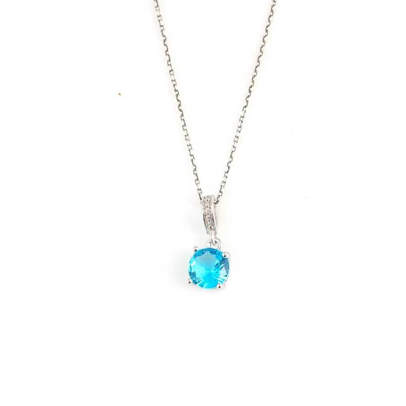 925 Ayar Gümüş Yuvarlak Büyük Boy Akuamarin Taşlı Kolye - Resim 2