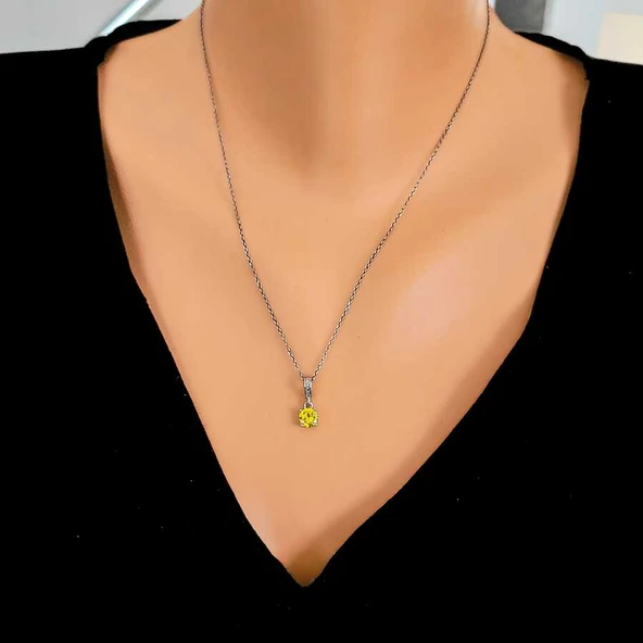 925 Ayar Gümüş Yuvarlak Küçük Boy Sarı Sitrin Taşlı Kolye ürün görseli 1