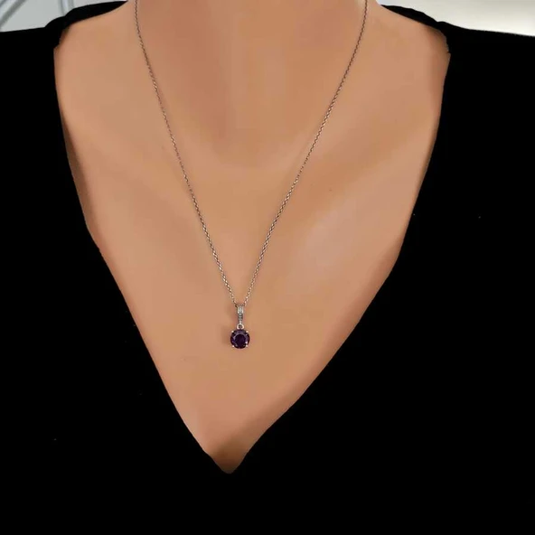 925 Ayar Gümüş Yuvarlak Büyük Boy Ametist Taşlı Kolye ürün görseli 1
