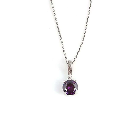 925 Ayar Gümüş Yuvarlak Büyük Boy Ametist Taşlı Kolye - Resim 2