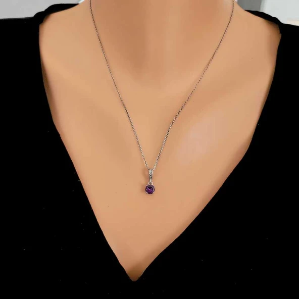 925 Ayar Gümüş Yuvarlak Küçük Boy Ametist Taşlı Kolye ürün görseli 1