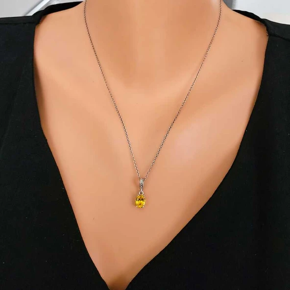 925 Ayar Gümüş Oval Küçük Boy Sarı Sitrin Taşlı Kolye ürün görseli 1