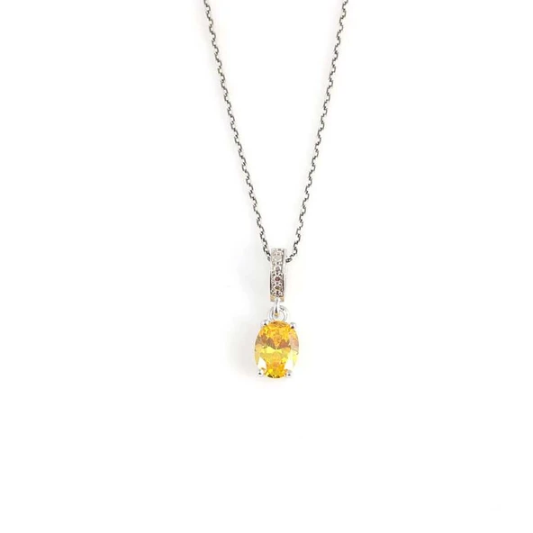 925 Ayar Gümüş Oval Küçük Boy Sarı Sitrin Taşlı Kolye - Resim 2