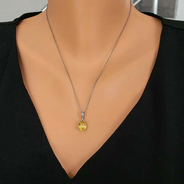 925 Ayar Gümüş Oval Büyük Boy Sarı Sitrin Taşlı Kolye ürün görseli 1