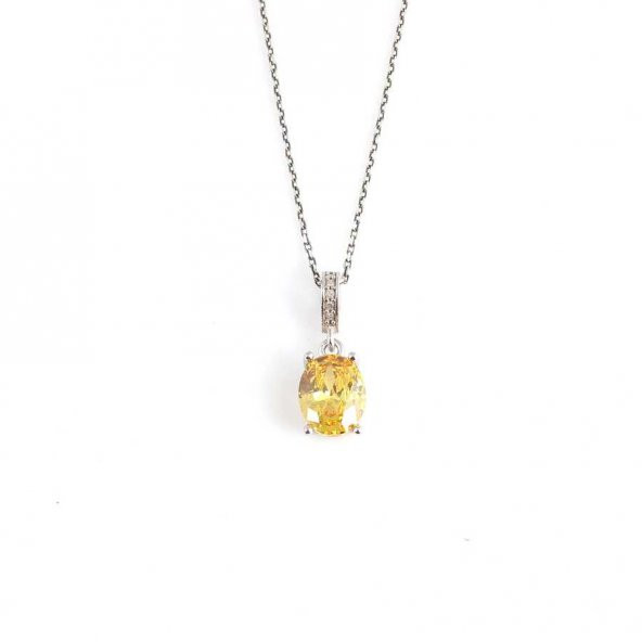 925 Ayar Gümüş Oval Büyük Boy Sarı Sitrin Taşlı Kolye - 2