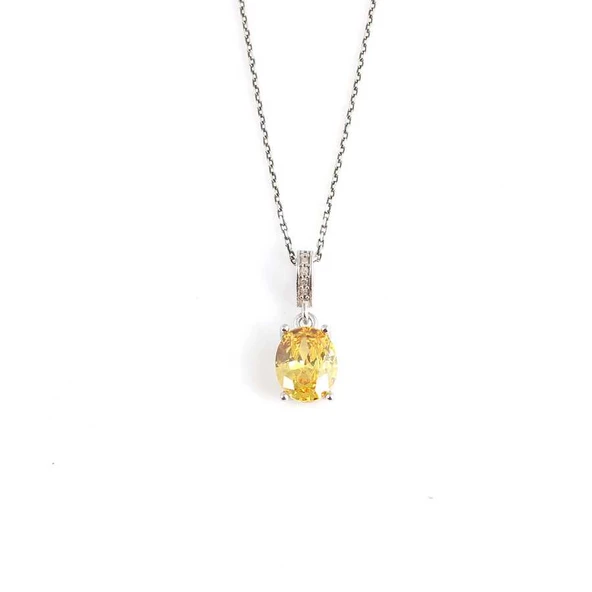 925 Ayar Gümüş Oval Büyük Boy Sarı Sitrin Taşlı Kolye - Resim 2