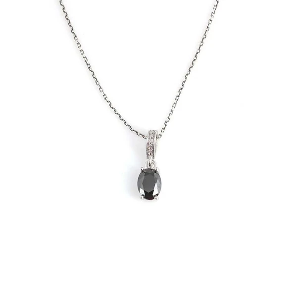 925 Ayar Gümüş Oval Küçük Boy Siyah Oniks Taşlı Kolye - Resim 2