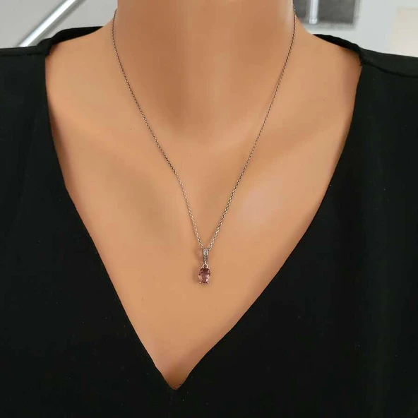 925 Ayar Gümüş Oval Küçük Boy Mistik Topaz Taşlı Kolye ürün görseli 1