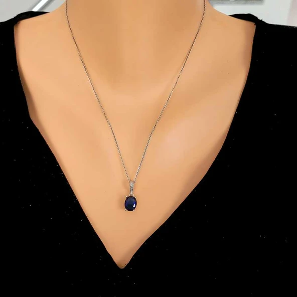 925 Ayar Gümüş Oval Büyük Boy Sentetik Safir Taşlı Kolye ürün görseli