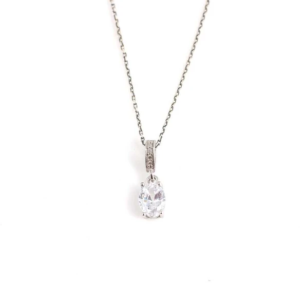 925 Ayar Gümüş Oval Küçük Boy Zirkon Taşlı Kolye - Resim 2